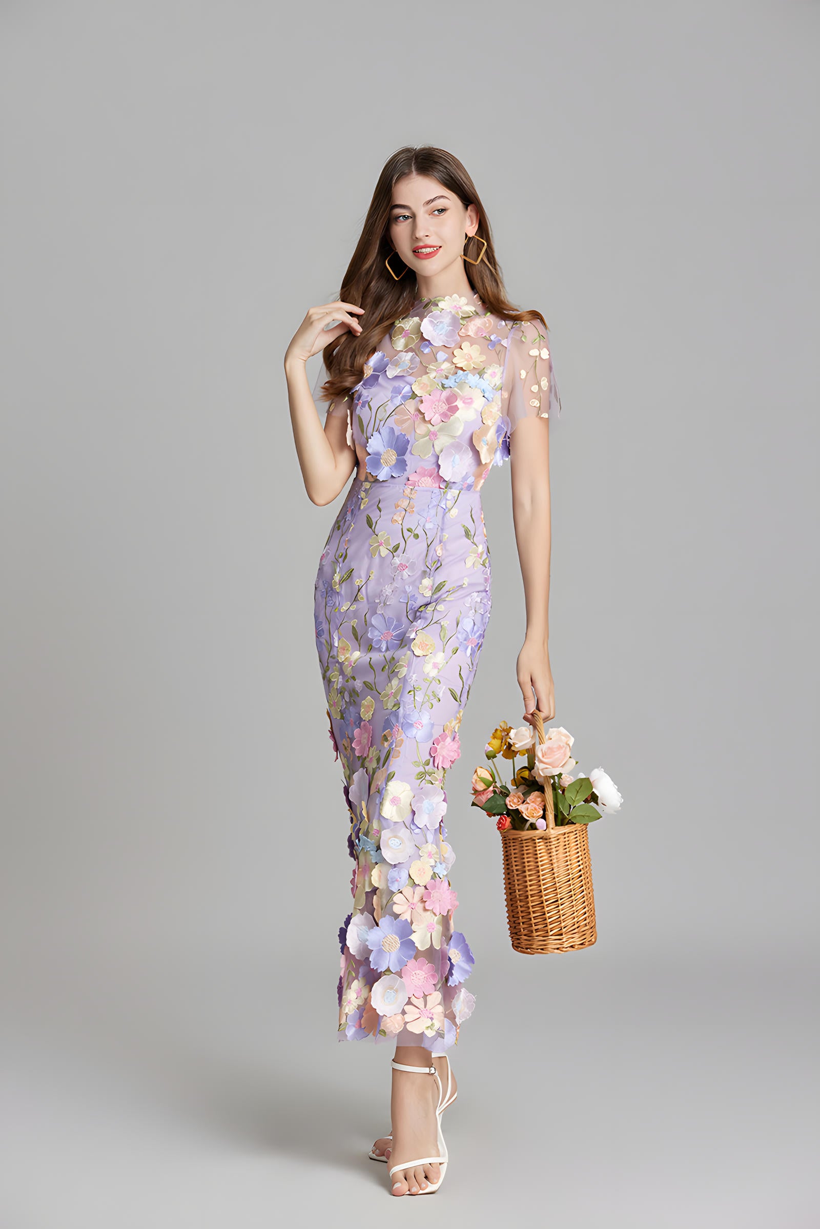 Intricate Floral Embroidery Mesh Fishtail Violet Dress - 810908122798_VIO